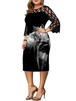 Women‘s Plus Size Curve Work Dress Sheath Dress Floral Butterfly Midi Dress 3/4 Length Sleeve Lace Print Crew Neck Elegant Outdoor Black Khaki Fall Spring XL XXL 3XL 4XL 5XL -Casual Print Dress Sales kjkpzb1673504839676