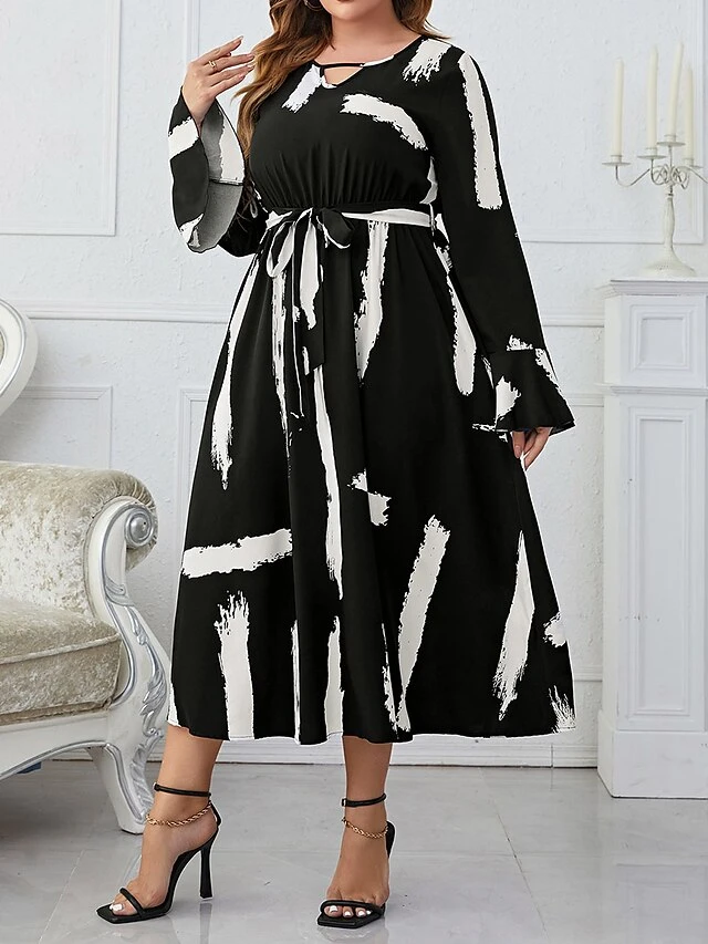 Women's Plus Size Curve Party Dress Wedding Guest Dress Black Dress Long Dress Maxi Dress Black Long Sleeve Line With Belt Spring Fall Winter V Neck Fashion Evening Party Wedding Guest XL 2 Women's Plus Size Curve Party Dress Wedding Guest Dress Black Dress Long Dress Maxi Dress Black Long Sleeve Line With Belt Spring Fall Winter V Neck Fashion Evening Party Wedding Guest XL - Image 2