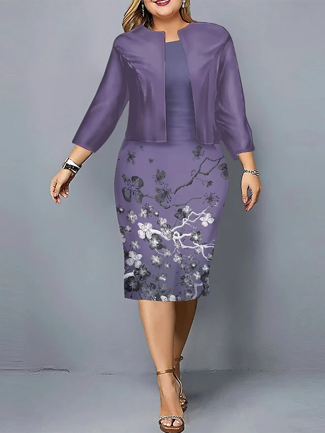 Women's Christmas Plus Size Curve Casual Dress Dress Set Two Piece Dress Floral Midi Dress Long Sleeve Print Crew Neck Fashion Outdoor Blue Purple Fall Winter L XL XXL 3XL 4XL 3 Women's Christmas Plus Size Curve Casual Dress Dress Set Two Piece Dress Floral Midi Dress Long Sleeve Print Crew Neck Fashion Outdoor Blue Purple Fall Winter L XL XXL 3XL 4XL - Image 3