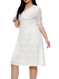 Women‘s Plus Size Curve Party Dress Lace Dress White Dress Solid Color Midi Dress Half Sleeve Lace V Neck Fashion Party White Red Summer Spring XL XXL 3XL 4XL 5XL -Casual Print Dress Sales kjwusa1681204547715