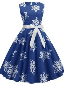 Women's Christmas Knee Length Dress Blue Green Red Sleeveless Print Bow Print Fall Winter Round Neck Casual Vintage2021 S M L XL XXL -Casual Print Dress Sales kkblrh1630045081470