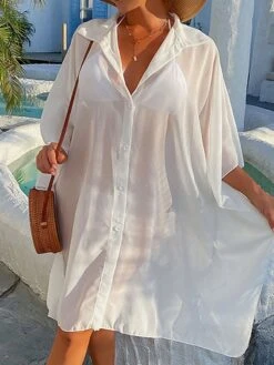 Women's Swimwear Cover Up Beach Top Normal Swimsuit UV Protection Modest Swimwear Button Pure Color White Black Bathing Suits New Casual Vacation / Modern 16 Women's Swimwear Cover Up Beach Top Normal Swimsuit UV Protection Modest Swimwear Button Pure Color White Black Bathing Suits New Casual Vacation / Modern -Casual Print Dress Sales kkfvbe1642659068813