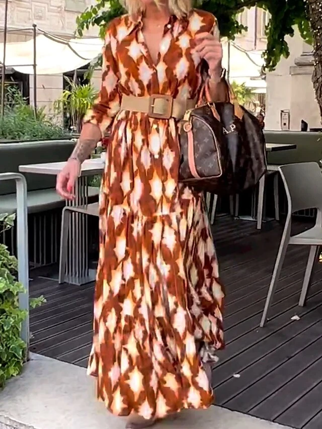 Women's Casual Dress Swing Dress Print Dress Geometric Color Block Button Belted Shirt Collar Long Dress Maxi Dress Fashion Streetwear Outdoor Date Long Sleeve Loose Fit Brown Spring Fall S M L XL XXL 2 Women's Casual Dress Swing Dress Print Dress Geometric Color Block Button Belted Shirt Collar Long Dress Maxi Dress Fashion Streetwear Outdoor Date Long Sleeve Loose Fit Brown Spring Fall S M L XL XXL - Image 2