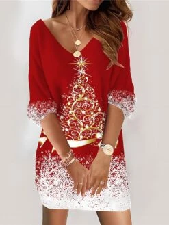 Women‘s Christmas Casual Dress Sweatshirt Dress Mini Dress Fashion Daily Outdoor Vacation V Neck Print Tree Loose Fit Black Red Blue S M L XL XXL