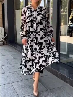 Women's Shirt Dress Casual Dress Midi Dress Outdoor Daily Vacation Polyester Fashion Modern Shirt Collar Button Pocket Long Sleeve Summer Spring Fall 2023 Loose Fit Black Geometric Color Block S M L -Casual Print Dress Sales knkqaa1690523549567
