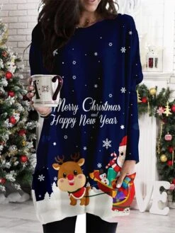 Women's Christmas Casual Dress Shift DressShort Mini Dress Green Blue Black Long Sleeve Tree Print Hat Print Fall Winter Crew Neck Party Casual 2022 XS S M L XL 2XL 3XL 4XL -Casual Print Dress Sales knmotg1668074791994