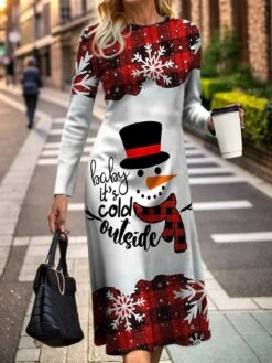 Women's Casual Dress Christmas Dress Print Dress Plaid Snowman Print Crew Neck Midi Dress Fashion Streetwear Outdoor Christmas Long Sleeve Slim Black White Wine Fall Winter S M L XL XXL