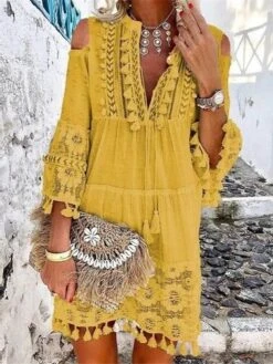 Women's Shift Dress Boho Dress Mini Dress White Yellow Pink 3/4 Length Sleeve Pure Color Tassel Fringe Summer Spring V Neck Vacation Loose Fit 2023 S M L XL XXL 3XL 4XL 5XL -Casual Print Dress Sales knqxtb1657266461288