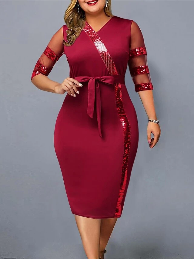 Women's Plus Size Party Dress Sequin Dress Cocktail Dress Midi Dress Wine Half Sleeve Pure Color Lace Up Summer Spring Fall V Neck Fashion Wedding Guest Birthday Vacation 2023 XL XXL 3XL 4XL 5XL 1 Women's Plus Size Party Dress Sequin Dress Cocktail Dress Midi Dress Wine Half Sleeve Pure Color Lace Up Summer Spring Fall V Neck Fashion Wedding Guest Birthday Vacation 2023 XL XXL 3XL 4XL 5XL