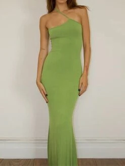 Women's Bodycon Semi Formal Dress Plain Dress Long Dress Maxi Dress Backless Party Holiday Date Fashion Sexy One Shoulder Sleeveless 2023 Regular Fit Black Green Color S M L Size
