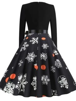 Women's Christmas Swing DressKnee Length Dress Black And White White Light Red Gold Red Long Sleeve Elk Snowman Bell Bow Print Fall Winter Round Neck Vintage Elegant 2022 S M L XL 2XL -Casual Print Dress Sales kpcujj1663049823642