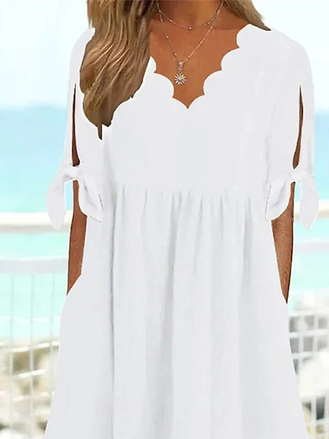 Women's Casual Dress Summer Dress Loose Dress Plain Ruched Pocket Scalloped Neck Midi Dress Fashion Classic Outdoor Daily Short Sleeve Regular Fit White Summer Spring S M L XL XXL 2 Women's Casual Dress Summer Dress Loose Dress Plain Ruched Pocket Scalloped Neck Midi Dress Fashion Classic Outdoor Daily Short Sleeve Regular Fit White Summer Spring S M L XL XXL - Image 2