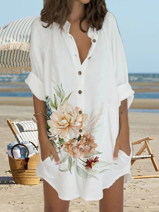 Women's Shirt Dress Casual Dress Shift Dress Mini Dress Outdoor Daily Vacation Polyester Fashion Casual Stand Collar Button Pocket Long Sleeve Summer Spring Fall 2023 Regular Fit Black Orange Floral 2 Women's Shirt Dress Casual Dress Shift Dress Mini Dress Outdoor Daily Vacation Polyester Fashion Casual Stand Collar Button Pocket Long Sleeve Summer Spring Fall 2023 Regular Fit Black Orange Floral - Image 2