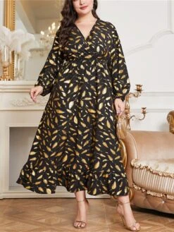 Women's Plus Size Prom Dress Party Dress Wedding Guest Dress Long Dress Maxi Dress Black Long Sleeve Print Ruched Fall Winter Autumn V Neck Fashion Winter Dress Evening Party Wedding Guest 2023 L XL -Casual Print Dress Sales kpoukf1693535309986