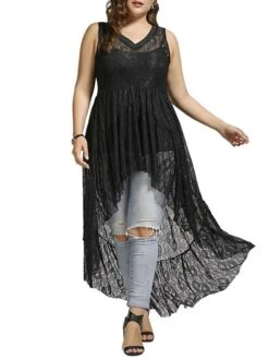 Women‘s Plus Size Curve Casual Dress Lace Dress A Line Dress Solid Color Mini Dress Sleeveless Lace Plus High Low V Neck Fashion Outdoor Black White Summer Spring XL XXL 3XL 4XL 5XL -Casual Print Dress Sales kpriep1678702075334