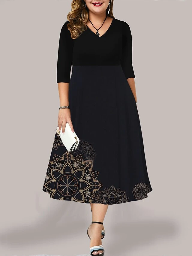 Women's Plus Size Curve Casual Dress Work Dress Swing Dress Floral Long Dress Maxi Dress 3/4 Length Sleeve Pocket Print V Neck Fashion Outdoor Black Yellow Fall Winter L XL XXL 3XL 4XL 2 Women's Plus Size Curve Casual Dress Work Dress Swing Dress Floral Long Dress Maxi Dress 3/4 Length Sleeve Pocket Print V Neck Fashion Outdoor Black Yellow Fall Winter L XL XXL 3XL 4XL - Image 2