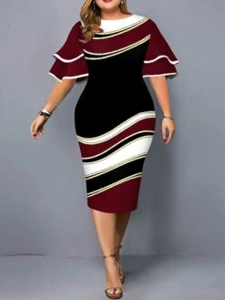 Women‘s Plus Size Curve Work Dress Bodycon Sheath Dress Color Block Midi Dress Half Sleeve Ruffle Crew Neck Fashion Outdoor Wine Red Fall Spring XL XXL 3XL 4XL 5XL -Casual Print Dress Sales kqaibk1673251736711