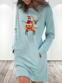 Women‘s Christmas Hoodie Dress Winter Dress Light Blue Grey White Long Sleeve Santa Claus Elk Pocket Print Winter Fall Crew Neck Stylish Casual 2022 S M L XL 2XL / Cotton