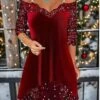 Women's Christmas Dress Velvet Dress Casual Dress Mini Dress Sequins Cold Shoulder Christmas Street Daily Fashion Streetwear V Neck Long Sleeve 2023 Regular Fit Wine Gold Green Color S M L XL XXL Size