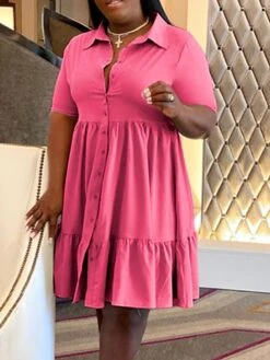 Women‘s Plus Size Curve Shirt Dress Solid Color Shirt Collar Ruffle Half Sleeve Spring Summer Casual Knee Length Dress Daily Holiday Dress -Casual Print Dress Sales kqtcke1656491038948