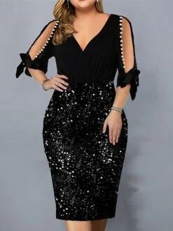 Women‘s Plus Size Curve Party Dress Solid Color V Neck Sequins Half Sleeve Spring Fall Stylish Sequins Prom Dress Midi Dress Party Club Dress Sheath Dress Sequin Dress