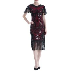 Women's Retro 1920s Fringe Dress Midi Dress Party Halloween Sequins Tassel Fringe Floral V Neck Short Sleeve Regular Fit Spring Fall 2023 Silver Black S M L XL -Casual Print Dress Sales krvjka1692849705933