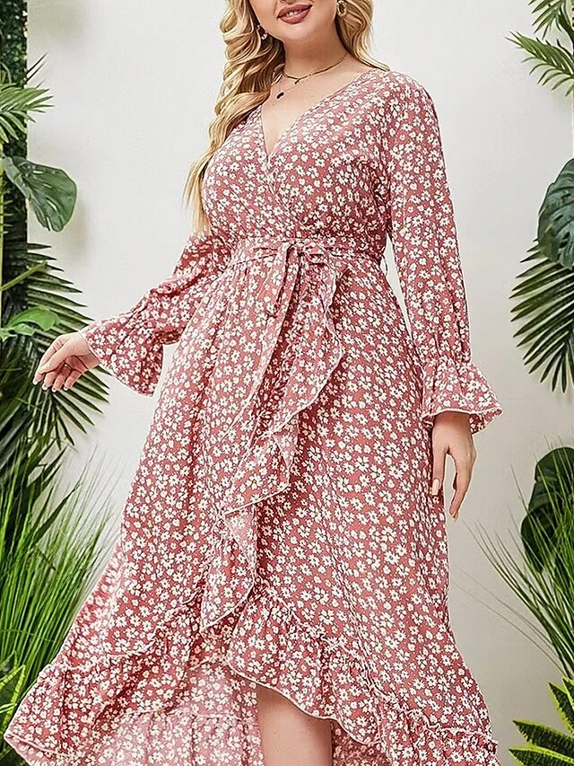 Women's Plus Size Curve Work Dress Swing Dress Semi Formal Dress Fashion Midi Dress Lace Up Ruffle V Neck Long Sleeve Floral Loose Fit Pink Fall Winter L XL XXL 3XL 4XL 4 Women's Plus Size Curve Work Dress Swing Dress Semi Formal Dress Fashion Midi Dress Lace Up Ruffle V Neck Long Sleeve Floral Loose Fit Pink Fall Winter L XL XXL 3XL 4XL - Image 4