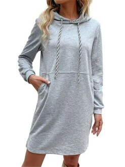 Women's Casual Dress Hoodie Dress Mini Dress Fashion Daily Outdoor Vacation Going Out V Neck Pocket Solid Color Striped Loose Fit Gray S M L XL -Casual Print Dress Sales kstlog1692165844243