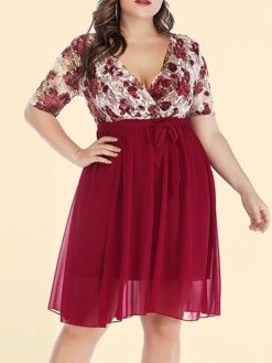 Women‘s Plus Size Curve Party Dress Cocktail Dress Wedding Guest Dress Midi Dress Black Wine Short Sleeve Floral Lace Up Summer Spring Fall V Neck Fashion Birthday Wedding Guest Vacation 2023 -Casual Print Dress Sales kswybf1691399399391