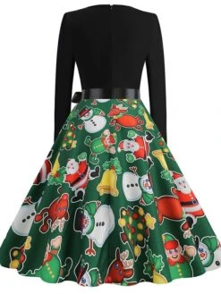 Women's Christmas Casual Dress Swing Dress Midi Dress Green Light Green Red Long Sleeve Santa Claus Elk Snowman Bow Print Winter Fall V Neck Vacation Vintage 2022 S M L XL XXL 3XL -Casual Print Dress Sales ktytjj1666762310889