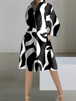 Women's Shirt Dress Casual Dress Swing Dress Midi Dress Outdoor Daily Vacation Polyester Fashion Casual Shirt Collar Button Pocket Long Sleeve Spring Fall Winter 2023 Loose Fit Black White Yellow -Casual Print Dress Sales ktzetw1695027662947
