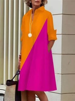 Women's Shirt Dress Casual Dress Midi Dress Outdoor Vacation Polyester Classic Casual Shirt Collar Pocket Long Sleeve Summer Spring Fall 2023 Loose Fit Yellow Dark Pink Red Polka Dot Color Block S M -Casual Print Dress Sales kuchvy1677046739370