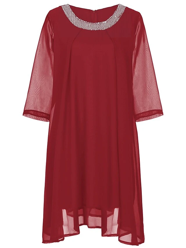 Women‘s Plus Size Curve Work Dress Chiffon Dress Swing Dress Fashion Midi Dress Layered Fake Two Piece Crew Neck 3/4 Length Sleeve Plain Regular Fit Black Red Navy Blue Summer Spring 4 Women‘s Plus Size Curve Work Dress Chiffon Dress Swing Dress Fashion Midi Dress Layered Fake Two Piece Crew Neck 3/4 Length Sleeve Plain Regular Fit Black Red Navy Blue Summer Spring - Image 4