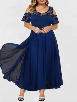 Women‘s Plus Size Curve Party Dress Apple Shape Dress Lace Dress Chiffon Dress Solid Color Long Dress Maxi Dress Half Sleeve Lace Patchwork U Neck Elegant Fashion Party Navy Blue Summer Spring Dress