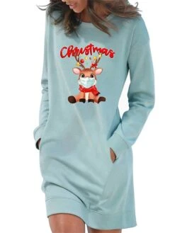 Women's Christmas Hoodie Dress Winter Dress Light Blue Grey White Long Sleeve Letter Elk Pocket Print Winter Fall Crew Neck Stylish Casual Fall Dress Loose Fit 2022 S M L XL 2XL / Cotton -Casual Print Dress Sales kwfmtq1666175697067