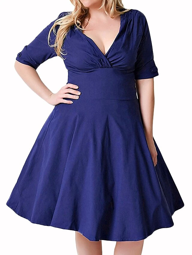 Women‘s Plus Size Curve Casual Dress Vintage Dress Solid Color Midi Dress Half Sleeve V Neck Fashion Daily Black Wine Summer Spring L XL XXL 3XL 4XL 2 Women‘s Plus Size Curve Casual Dress Vintage Dress Solid Color Midi Dress Half Sleeve V Neck Fashion Daily Black Wine Summer Spring L XL XXL 3XL 4XL - Image 2