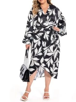 Women's Plus Size Curve Work Dress Satin Dress Wrap Dress Floral Midi Dress Long Sleeve Split V Neck Fashion Office Black Fall Winter L XL XXL 3XL 4XL -Casual Print Dress Sales kwjgxe1694772973598