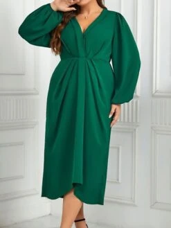 Women's Plus Size Curve Casual Dress A Line Dress Plain Midi Dress Long Sleeve Ruched V Neck Fashion Outdoor Green Fall Winter XL XXL 3XL 4XL -Casual Print Dress Sales kwlvcd1695279807269
