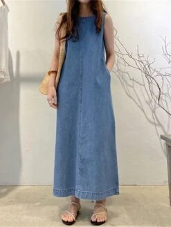 Women's Denim Dress Shift Dress Maxi Long Dress Denim Modern Casual Vacation Crew Neck Patchwork Sleeveless Summer Spring 2023 Regular Fit Black Royal Blue Blue Pure Color S M L XL 2XL -Casual Print Dress Sales kwooiz1683628543471
