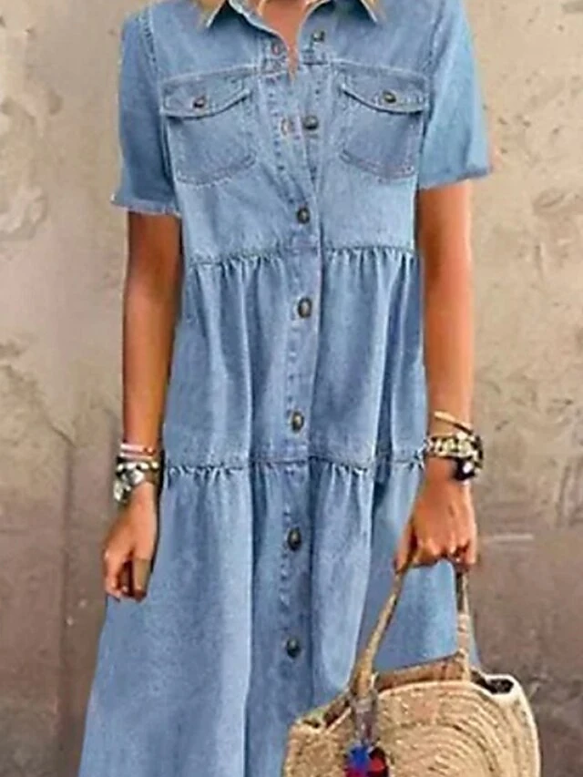 Women's Denim Shirt Dress Maxi Long Dress Dark Blue Light Blue Short Sleeve Solid Color Pocket Button Spring Summer Shirt Collar Hot Casual Vintage 2023 S M L XL XXL 3XL / Loose 3 Women's Denim Shirt Dress Maxi Long Dress Dark Blue Light Blue Short Sleeve Solid Color Pocket Button Spring Summer Shirt Collar Hot Casual Vintage 2023 S M L XL XXL 3XL / Loose - Image 3