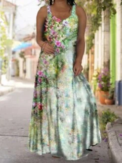 Women‘s Plus Size Curve Casual Dress Slip Dress Floral Butterfly Long Dress Maxi Dress Sleeveless Loose Print Strap Fashion Daily Black Light Green Spring Summer Dress -Casual Print Dress Sales kwsmpr1675231136409