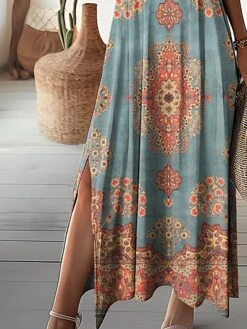 Women's Casual Dress A Line Dress Summer Dress Floral Split Print V Neck Long Dress Maxi Dress Fashion Streetwear Outdoor Daily Short Sleeve Regular Fit Yellow Pink Blue Summer Spring S M L XL XXL -Casual Print Dress Sales kwuasq1689944916253