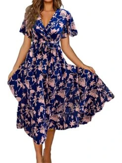 Women's Casual Dress Swing Dress A Line Dress Floral Geometric Print V Neck Midi Dress Fashion Streetwear Outdoor Street Short Sleeve Regular Fit Black Navy Blue Blue Summer Spring S M L XL XXL -Casual Print Dress Sales kxaskx1689588222193
