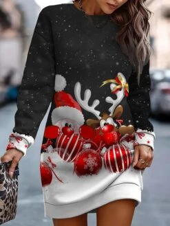 Women‘s Christmas Casual Dress Sweatshirt Dress Mini Dress Warm Fashion Outdoor Holiday Crew Neck Print Santa Claus Loose Fit Black Burgundy Green S M L XL XXL -Casual Print Dress Sales kxgalt1695096338408