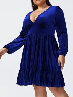 Women‘s Plus Size Curve Party Dress Velvet Dress Cocktail Dress Mini Dress Black Wine Royal Blue Long Sleeve Pure Color Ruched Spring Fall Winter V Neck Fashion Birthday Wedding Guest Vacation 2023 -Casual Print Dress Sales kxrtbd1692176740013
