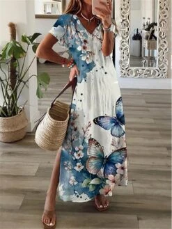 Women's Casual Dress A Line Dress Summer Dress Floral Split Print V Neck Long Dress Maxi Dress Fashion Streetwear Outdoor Daily Short Sleeve Regular Fit White Yellow Pink Summer Spring S M L XL XXL -Casual Print Dress Sales kxytxq1688469351953