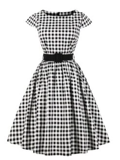 Women's Plus Size Retro 1950s Vintage Dress Midi Dress Daily Holiday With Belt Print Plaid Crew Neck Short Sleeve Regular Fit Spring Fall 2023 Black XL XXL 3XL 4XL