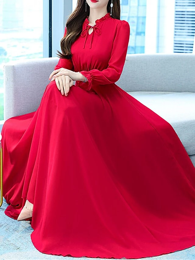 Women's Long Dress Maxi Dress Casual Dress Chiffon Dress Black Dress Plain Streetwear Casual Outdoor Daily Holiday Lace Up Ruched Long Sleeve Crew Neck Dress Regular Fit Black Pink Red Summer Spring 4 Women's Long Dress Maxi Dress Casual Dress Chiffon Dress Black Dress Plain Streetwear Casual Outdoor Daily Holiday Lace Up Ruched Long Sleeve Crew Neck Dress Regular Fit Black Pink Red Summer Spring - Image 4