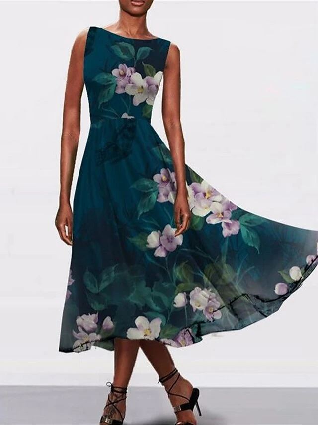 Women's Casual Dress Swing Dress A Line Dress Floral Print Crew Neck Midi Dress Fashion Streetwear Outdoor Daily Sleeveless Regular Fit White Blue Green Summer Spring S M L XL XXL 2 Women's Casual Dress Swing Dress A Line Dress Floral Print Crew Neck Midi Dress Fashion Streetwear Outdoor Daily Sleeveless Regular Fit White Blue Green Summer Spring S M L XL XXL - Image 2