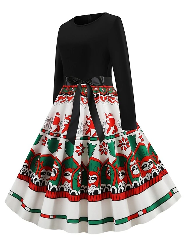 Women's Christmas Retro 1950s Vintage Dress Midi Dress Party Ruched Bow Christmas Tree Crew Neck Long Sleeve Regular Fit Fall Winter 2023 Black S M L XL 2 Women's Christmas Retro 1950s Vintage Dress Midi Dress Party Ruched Bow Christmas Tree Crew Neck Long Sleeve Regular Fit Fall Winter 2023 Black S M L XL - Image 2